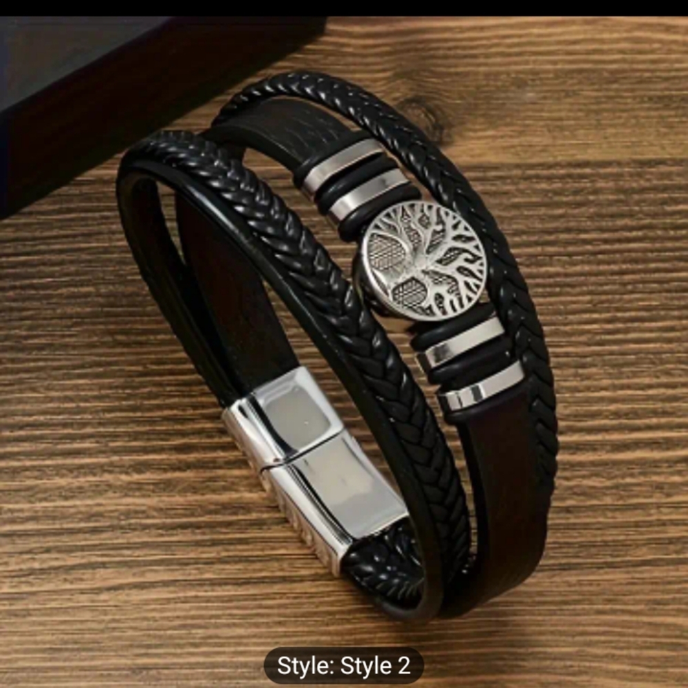 mens Bracelet Leather Braided Tree Of‎ Layered Black f23
